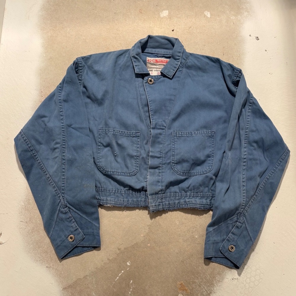 Vintage Work Wear Corp Cropped Herringbone Chore Jacket Blue HBT Size 42